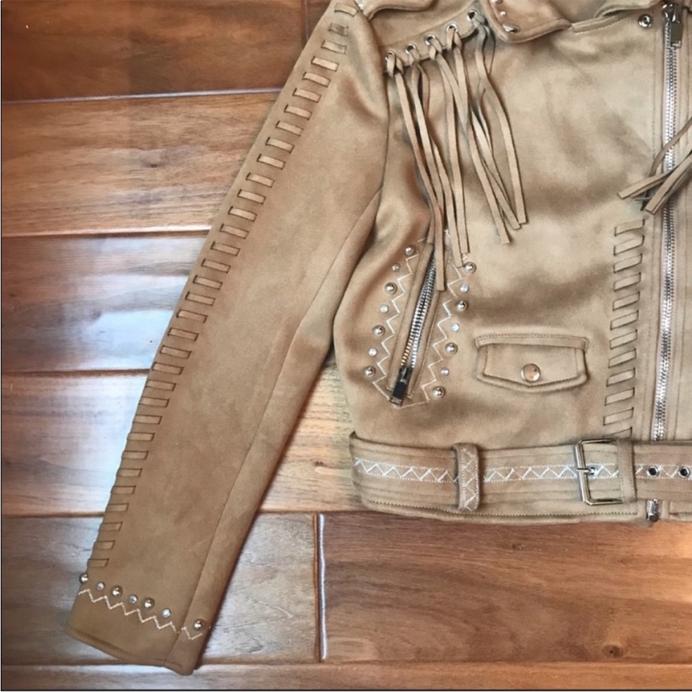 Zara Faux Suede Fringe Biker Jacket Stud Detail small EUC - Picture 11 of 16